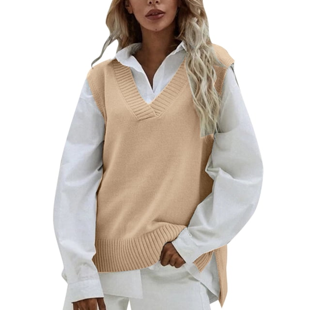 Women Casual Sleeveless V Neck Ribbed Knit Split Pullover Sweater Vest Blouse