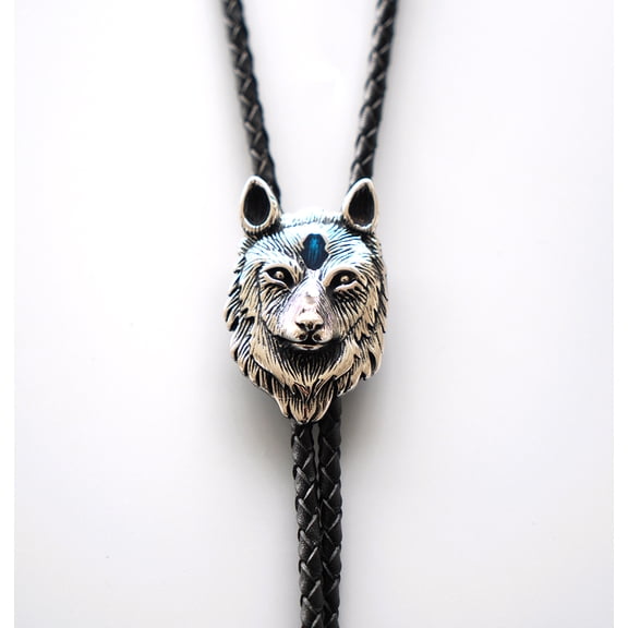 Vintage Style Stainless Steel Blue Enamel Wolf Bolo Tie