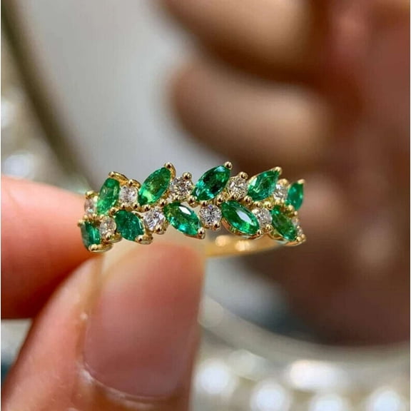 1.00CT Green Emerald 925 Silver Engagement Wedding Ring 14k Yellow Gold Plated