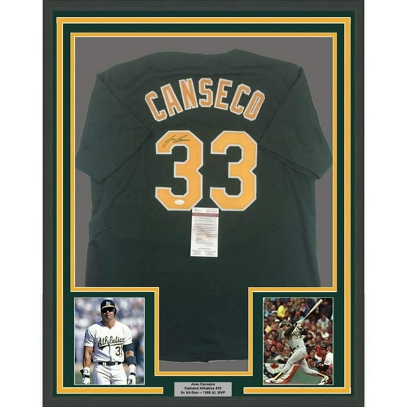 Framed Autographed/Signed Jose Canseco 35x39 Oakland Dark Green Baseball Jersey JSA COA