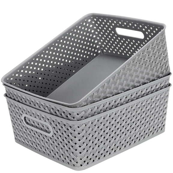 MaxGear 3 Pack Storage Bins with Handles, Plastic Organizer Baskets for Home Organization, Grey Woven Storage Containers for Shelves, Large