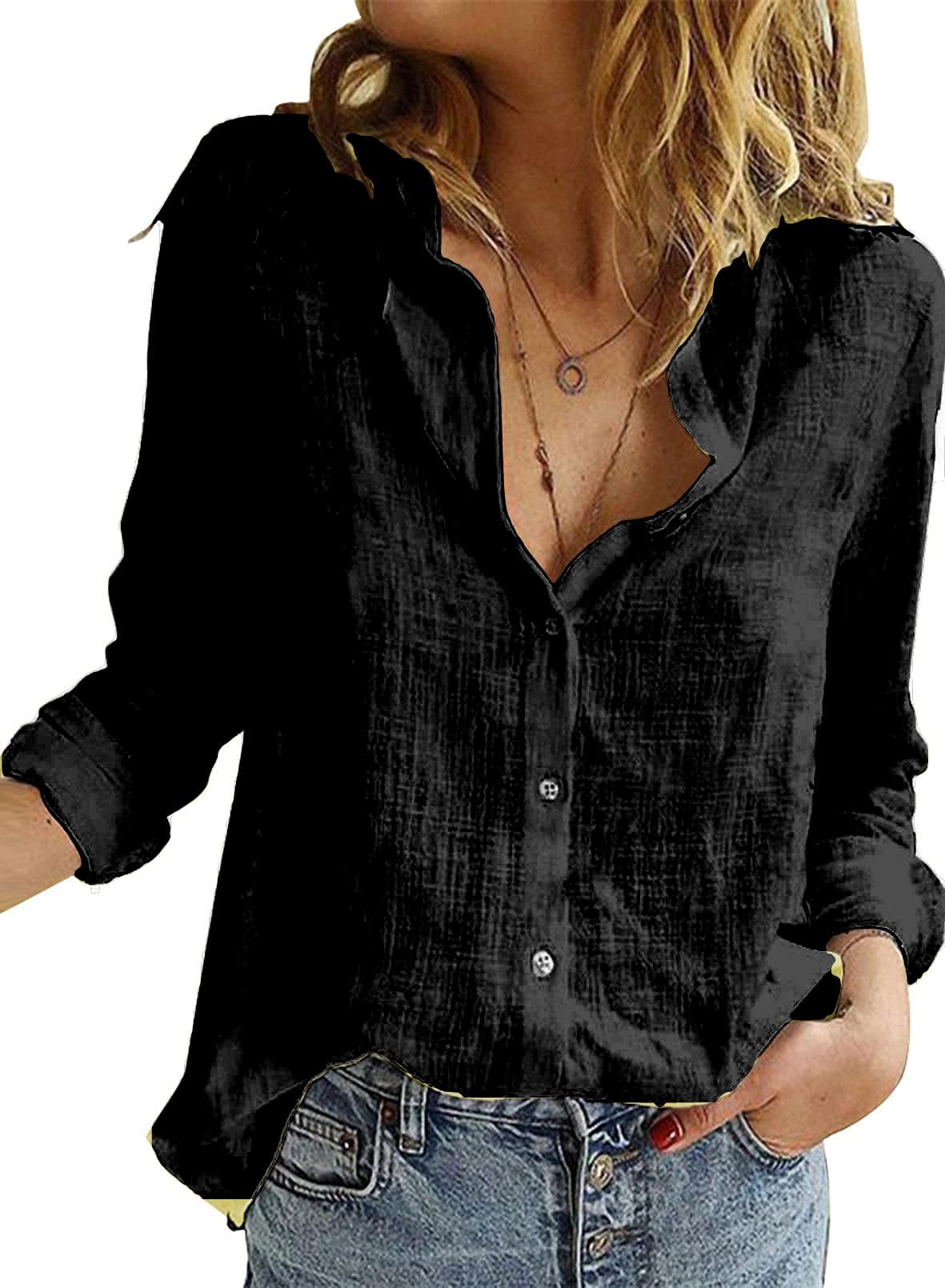 Aunavey Womens Long Sleeve Button Down Cotton Linen Shirt Blouse Loose ...