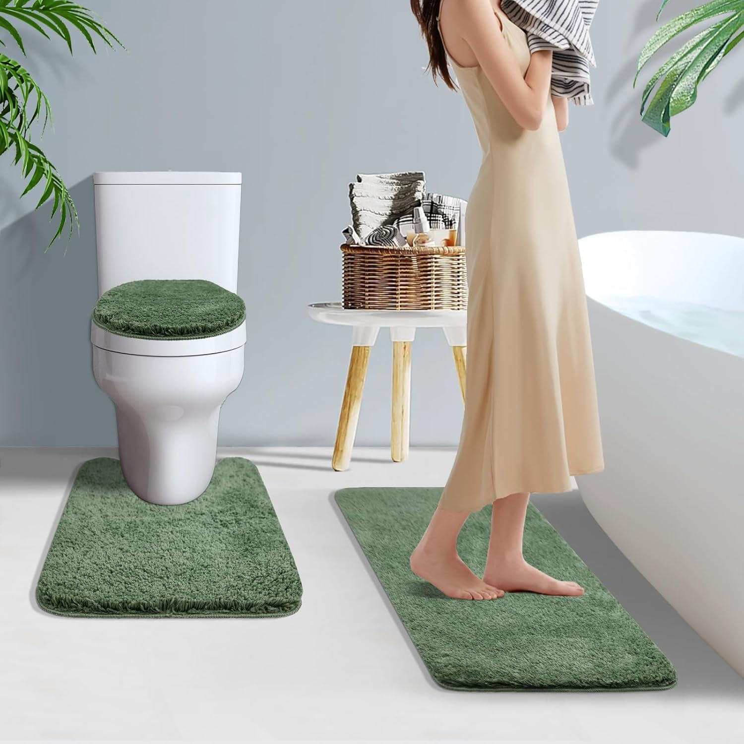 Rugs Sets 3 Piece with Adjustable Toilet Seat Cover 17.5"x 15" Machine Washable Bath Rug Set with TPR Non Slip Rubber Backing Solid Bath Mat Set for Luxury Bathroom Decoration
