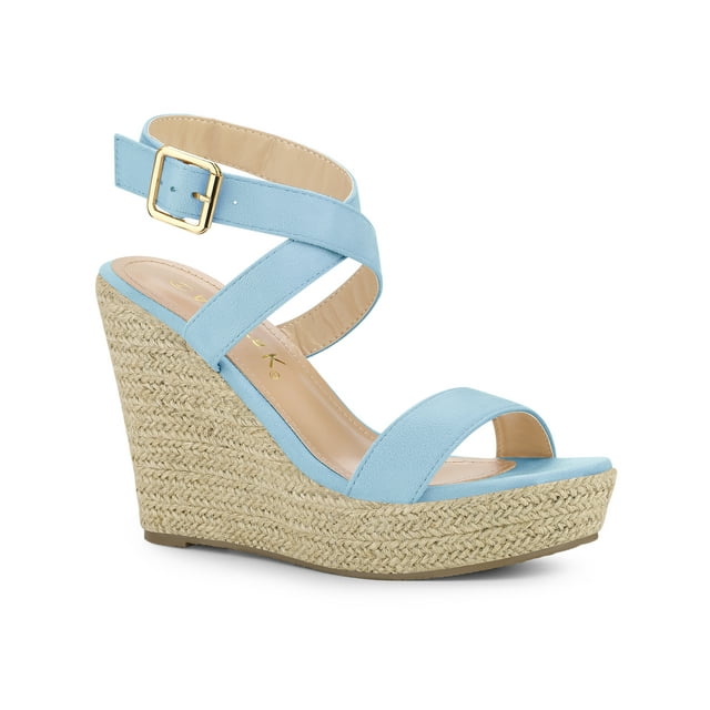BLISSFUL STEP Chaussures pour Femmes Sandales Espadrilles à Talon Compensé Slingback à Brides Croisées Bleu Ciel 10