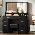 thumbnail image 1 of Vanity Desk with Mirror and Lights, Makeup Table with Glass Top & 8 Drawers, 3-Color LED Mirror, Power Outlets & USB, Hair Dryer Holder, Stool Included, Dressing Table Set for Bedroom, 1 of 7