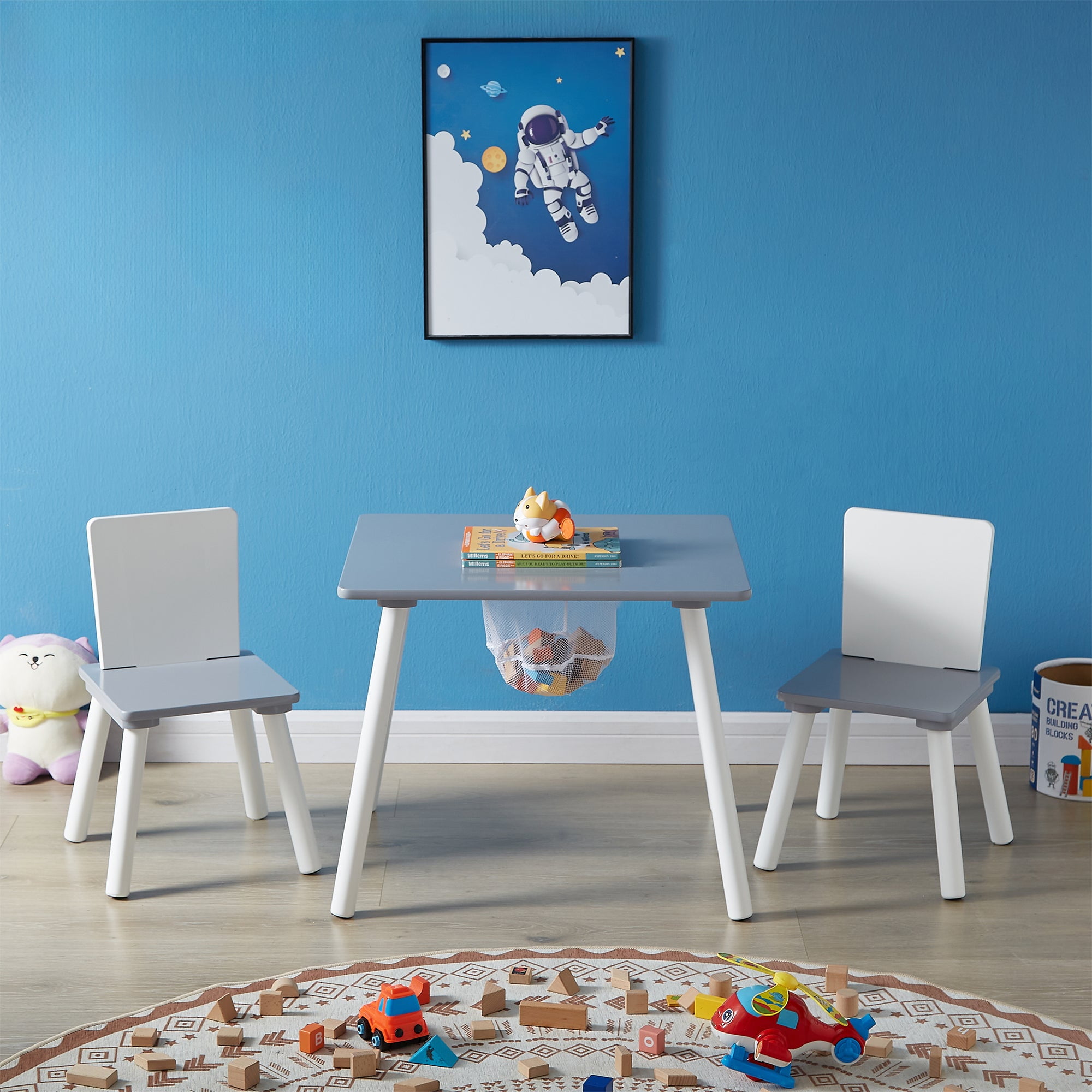 VECELO Kids Table and Chair Set with Storage, Toddler Study Table and Chair for Age 2-8, Small Childrens Activity Table with 2 Seats for Daycare, Classroom, Home, White + Grey