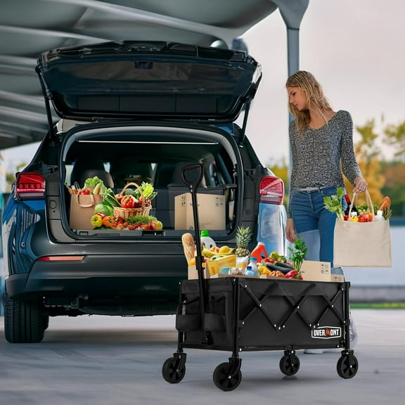 OVERMONT Collapsible Wagon with Tailgate - 220lbs Extended Lightweight Foldable Utility Wagons Folding Cart with Wheels - Small Garden Grocery Cart for Shopping, Grocery, Sports, Garden