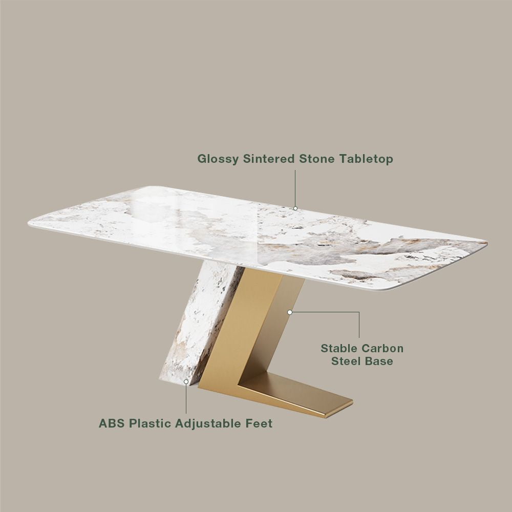 POVISON-71"Modern Luxury Gold Rectangular Dining Table for 4-6, Glossy Sintered Stone Tabletop, White and Gold Z-shaped Stainless Steel Base