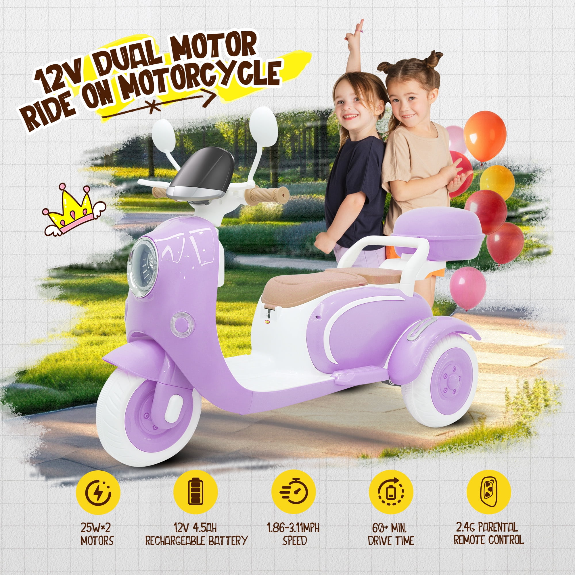 Letsgokid 2 Seater Electric Motorcycle, 12V Ride On Motorcycle with USB, Music, Bluetooth, Light, Big Storage Box, Motorcycle for Kids 3+
