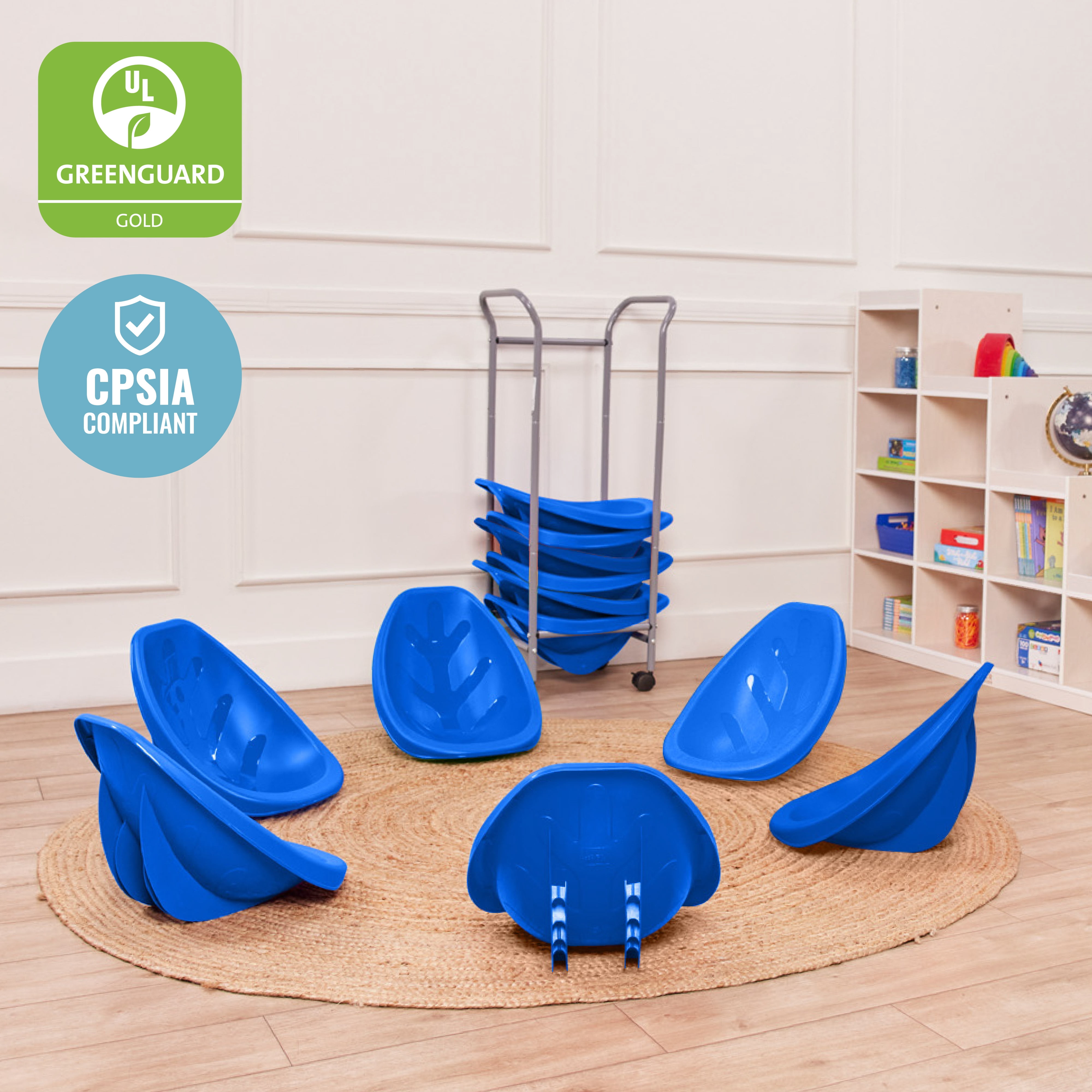 ECR4Kids Leaf Floor Seats with Mobile Leaf Seat Cart, Flexible Seating, Blue, 12-Piece