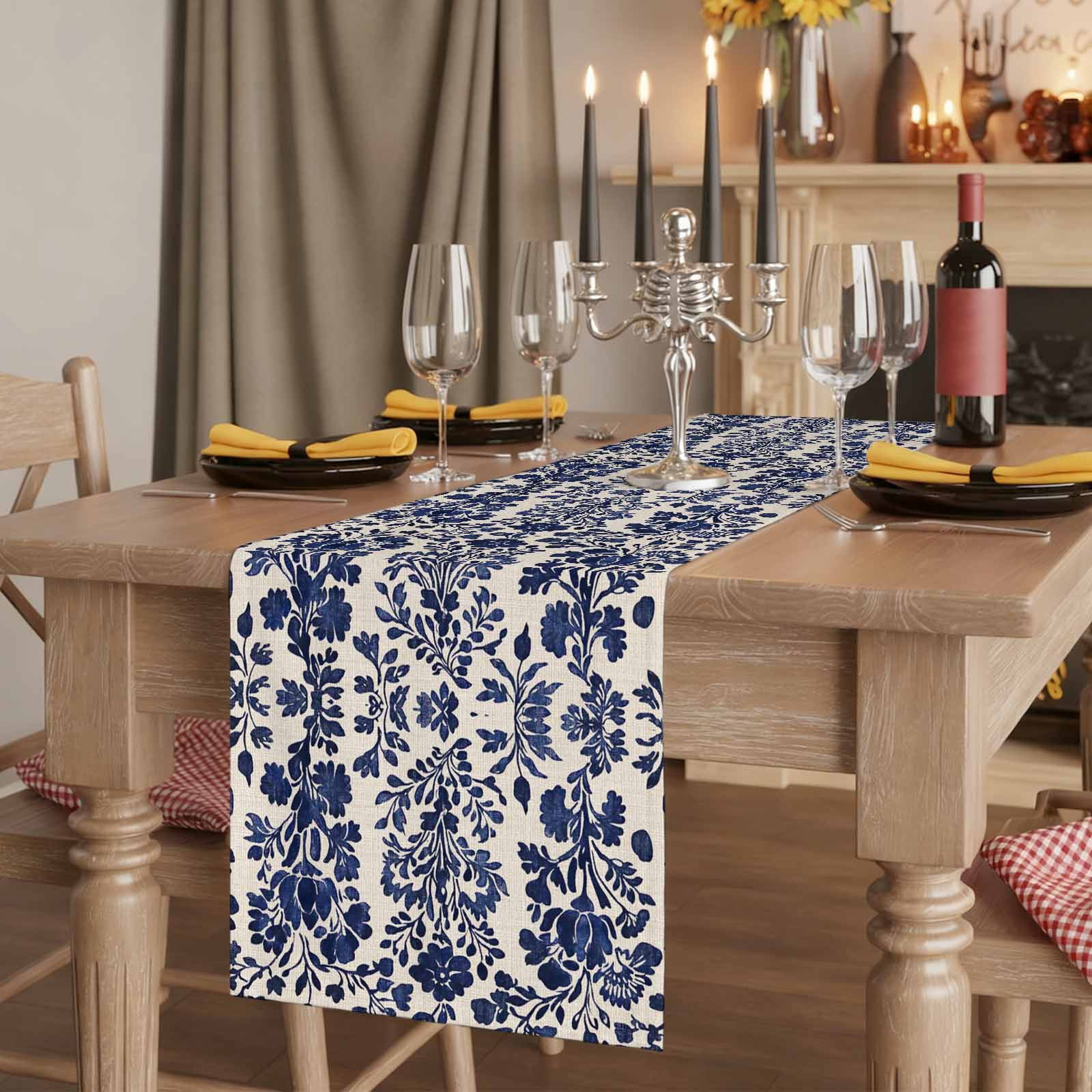 Blue Spring Floral 90 Inch Table Runner, Summer Botanical Farmhouse Rustic Farmhouse Dresser Scarf Cotton & Linen Tablerunner for Dining/Kitchen Island/Holiday Party Décor 13" x 90"
