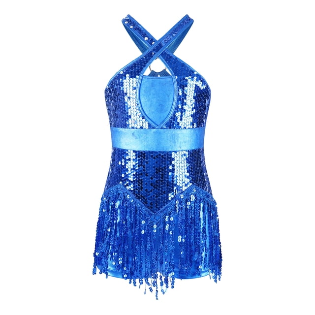Raenseen Costume de Danse Jazz Rumba Samba pour Filles Enfants Robe de Danse Latine à Paillettes Ourlet à Franges Ballet Bleu 14