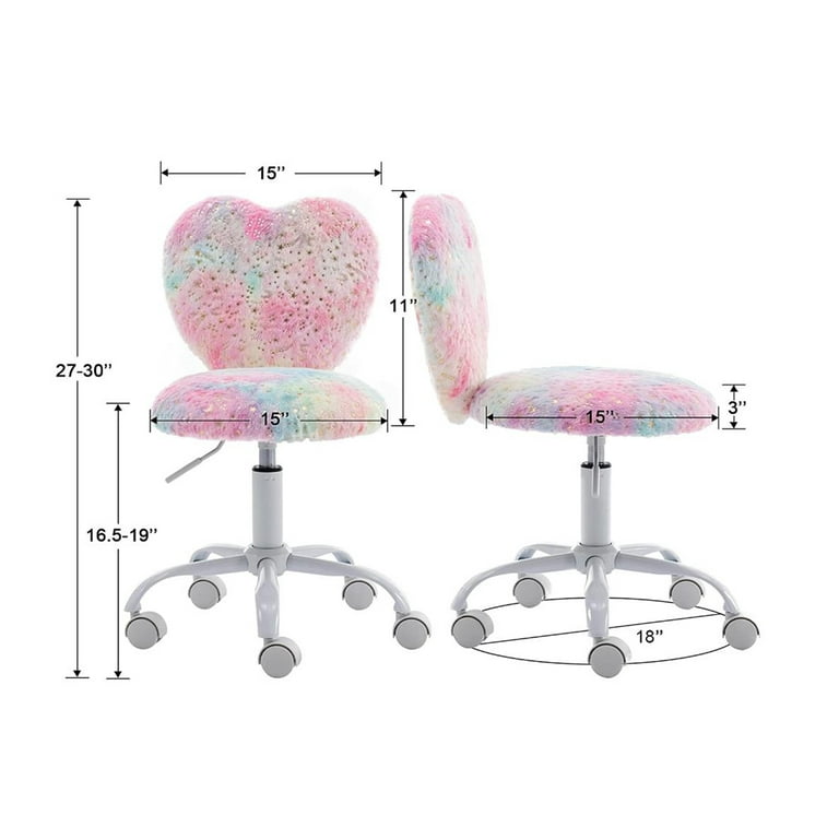 Guyou Cute Fuzzy Kids Chair Faux Fur Rolling Swivel Children Desk Chair Adjustable Student Task Chair Vanity Chair with Heart Shaped Back for