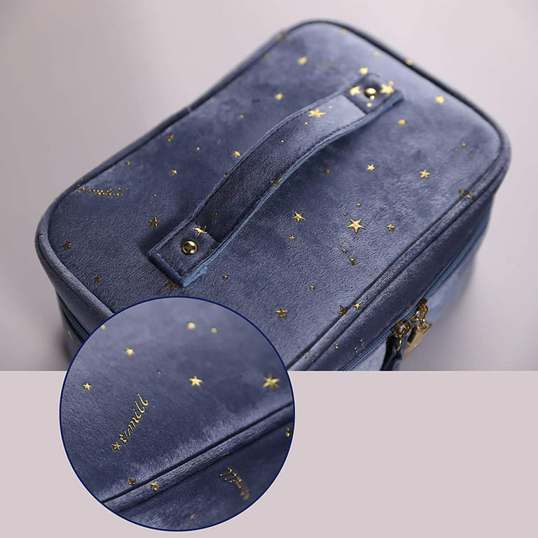 Velvet Embroidered Applique Stars Cosmetic Bag, Multifunction Makeup  Organizer Vintage Toiletries Pouch for Women Girls Gifts Blue