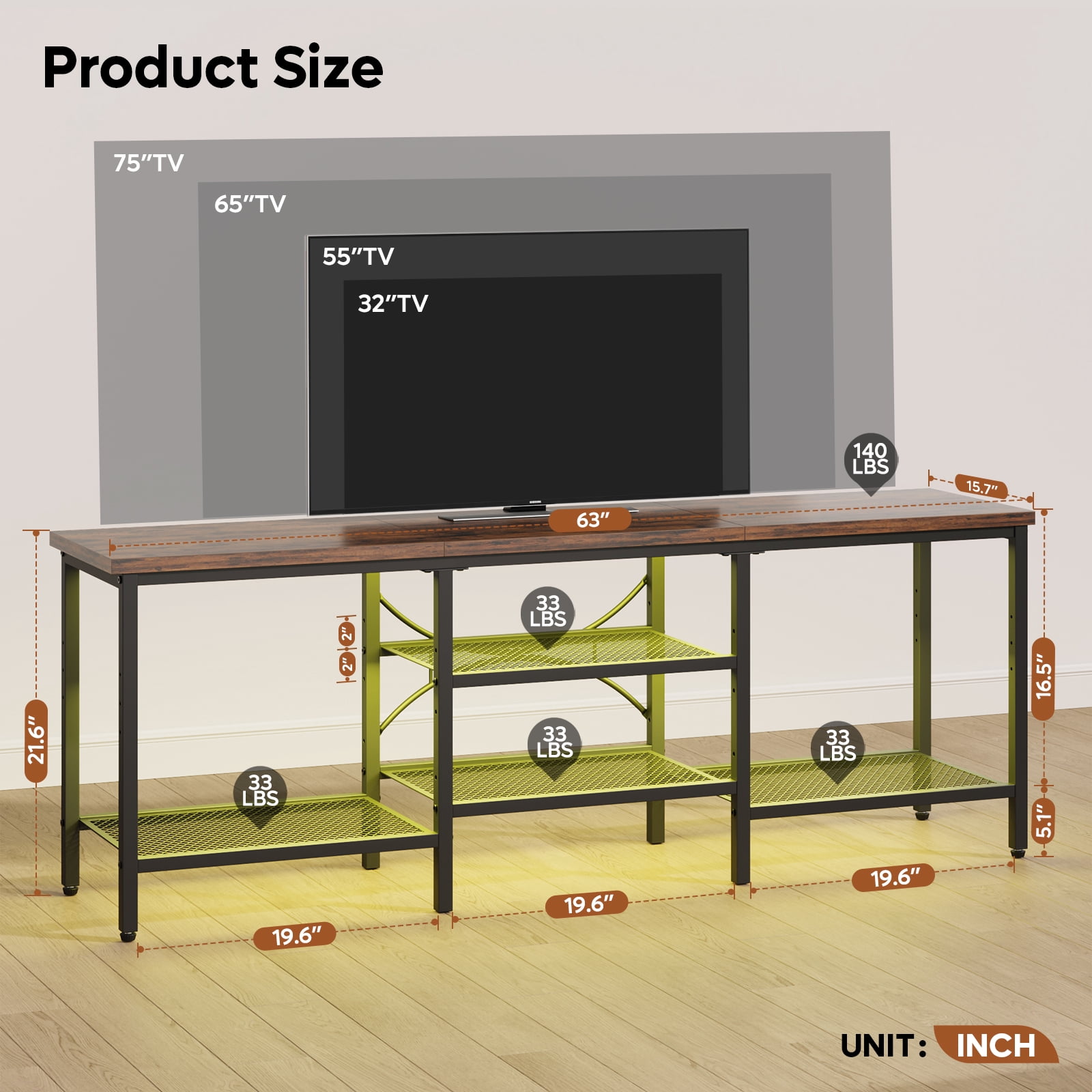 Pinmoco 63" TV Stand for TVs up to 70 Inch, LED Light Entertainment Center with Open Storage Shelves, TV Media Console Table for Living Room, Bedroom, Rustic