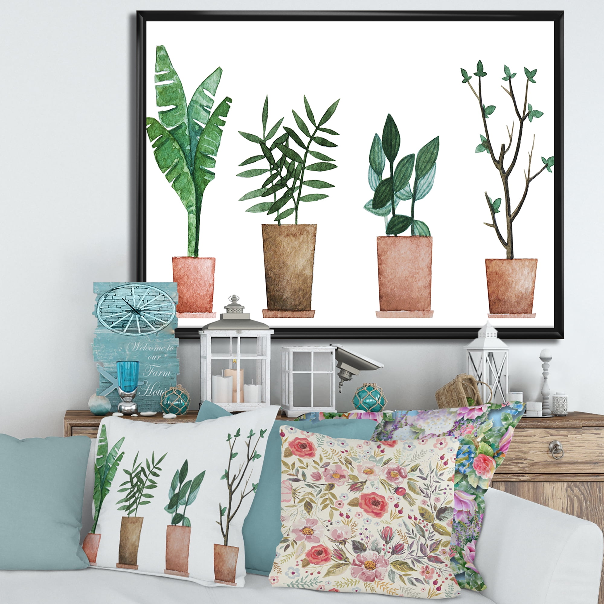 Designart 'Duo of Potted Flowers House Plants In Claypots' Farmhouse Framed Canvas Wall Art Print