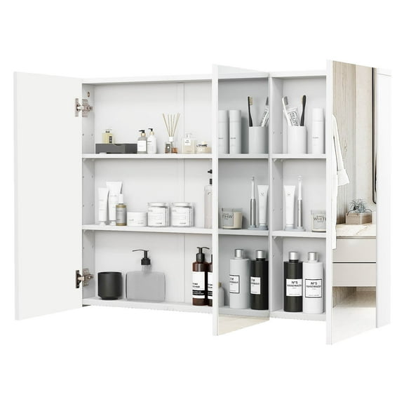 Wqmh Wall Mounted Cabinet with Mirror, 3-Tier Bathroom Cabinet with Adjustable Shelves & 3-Panel Mirror, Bathroom Mirrored Medicine Cabinet, 36" x 4.5" x 25.5" (L x W x H)