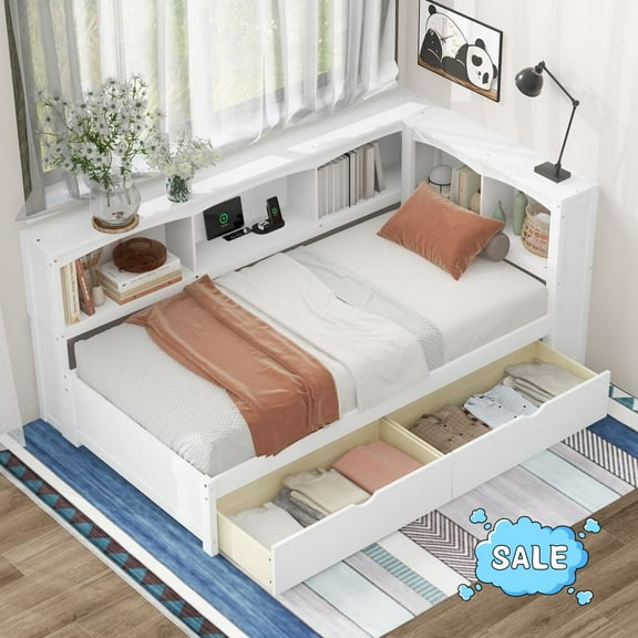 Tcbosik Twin Size Daybed with Charging Station, Corner Sofa Bed with Open Shelves and 2 Storage Drawers for Living Room, Guest Room, Bedroom, Space Saving, White