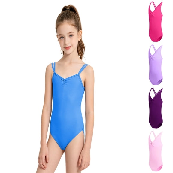 Krdevn Girls Ballet Dance Leotard, Solid Color Sleeveless Gymnastics Bodysuit for 3-16Y Kids,Blue