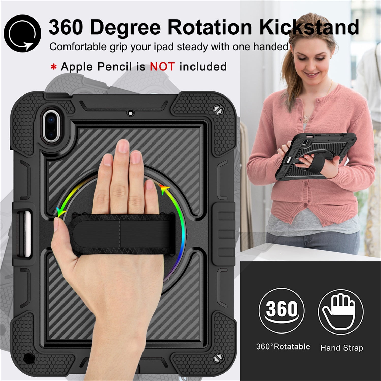 Tarise Case for Apple iPad 10th Generation 10.9 inch (2022), 360° Rotating Kickstand with Pencil Holder/ Hand Strap/ Shoulder Strap Hard PC Rugged Silicone Shockproof Bumper Swivel Stand Cover, Black