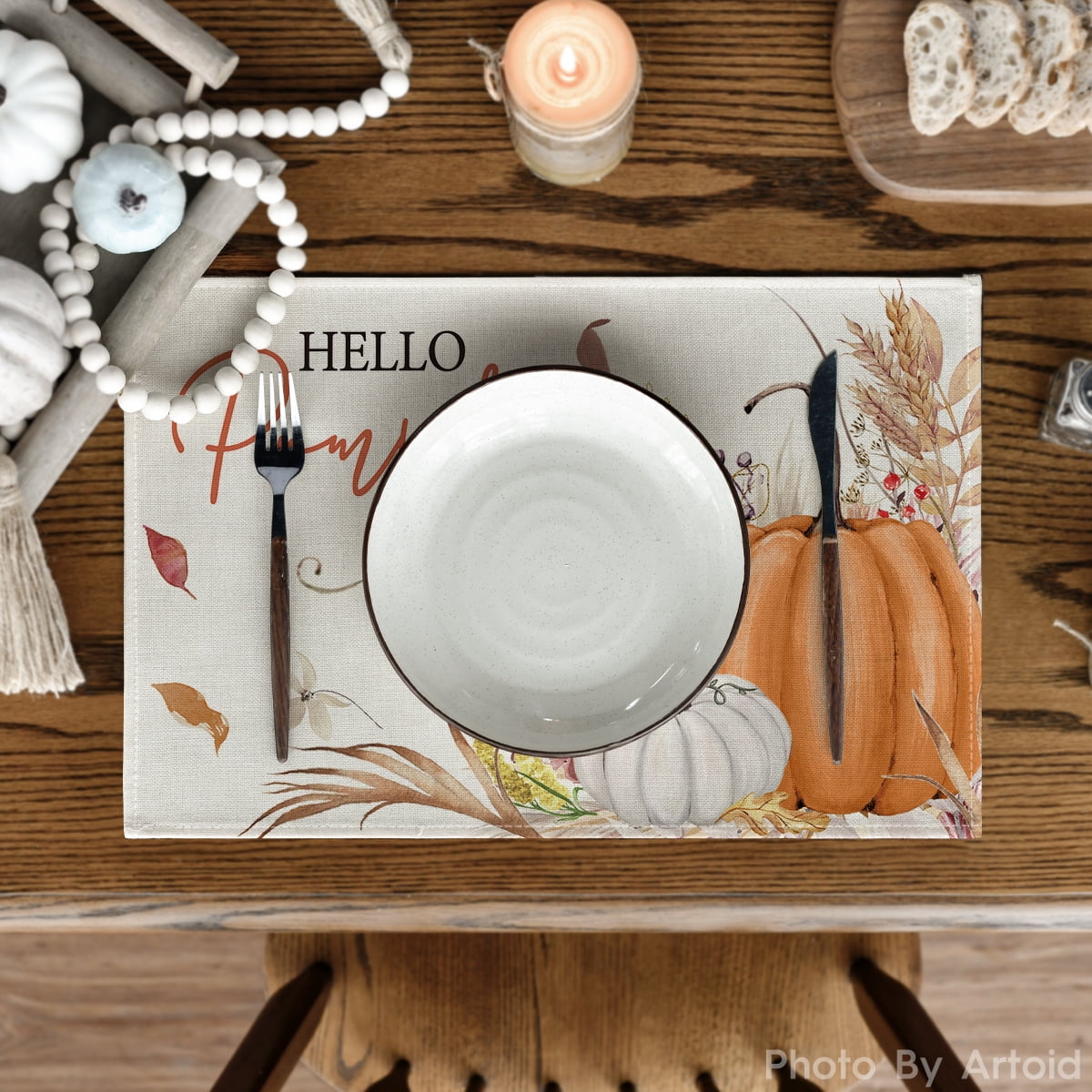 Smile 12 Set Total 48PCS Seasonal Decorative Placemats, All Season Polyester Durable Vintage Rustic Table Mats for Kitchen Home Farmhouse Cabin Decor Holiday Celebration