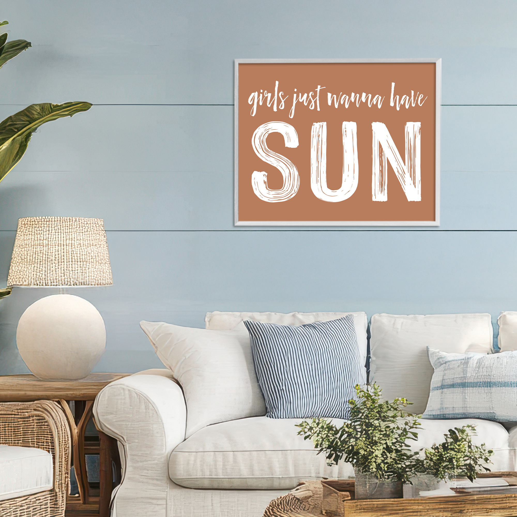 Girls Wanna Have Sun Brown White Framed Giclee Art, design by Lettered and Lined