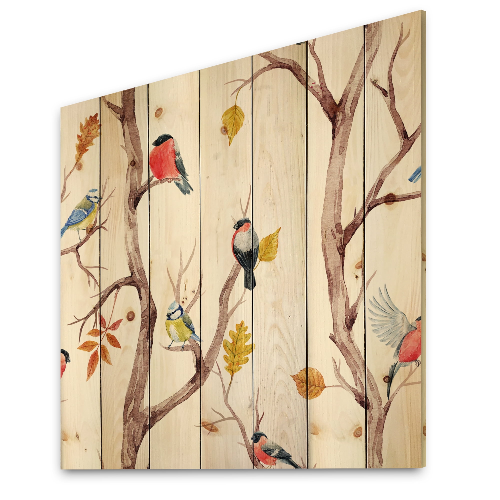 Designart 'Little Birds and Fall Trees' Traditional Print on Natural Pine Wood