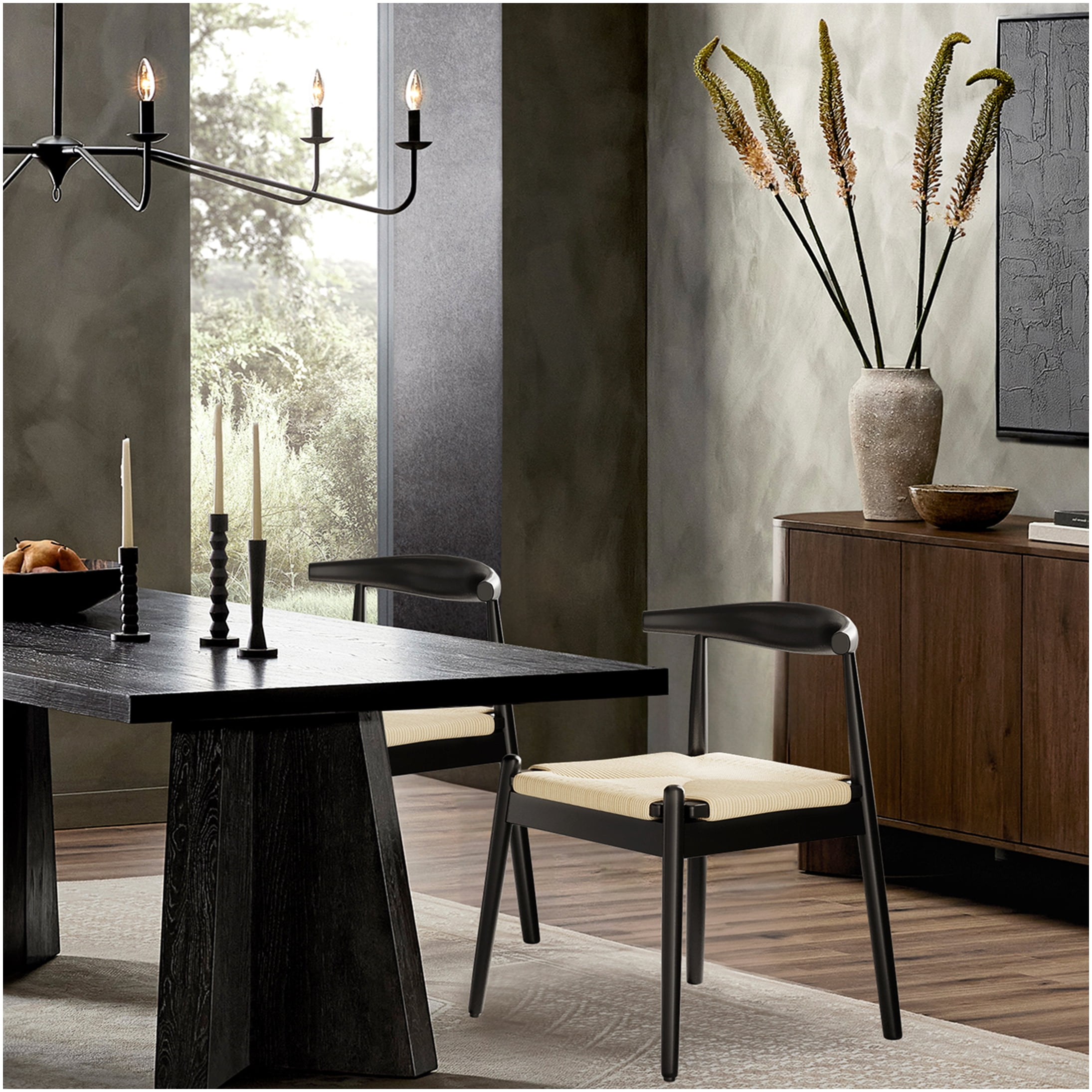 Weave Dining Chairs Set of 2, Mid-Century Modern Oak Frame Kitchen Chairs with Handwoven Paper Cord Seats for Dining Room