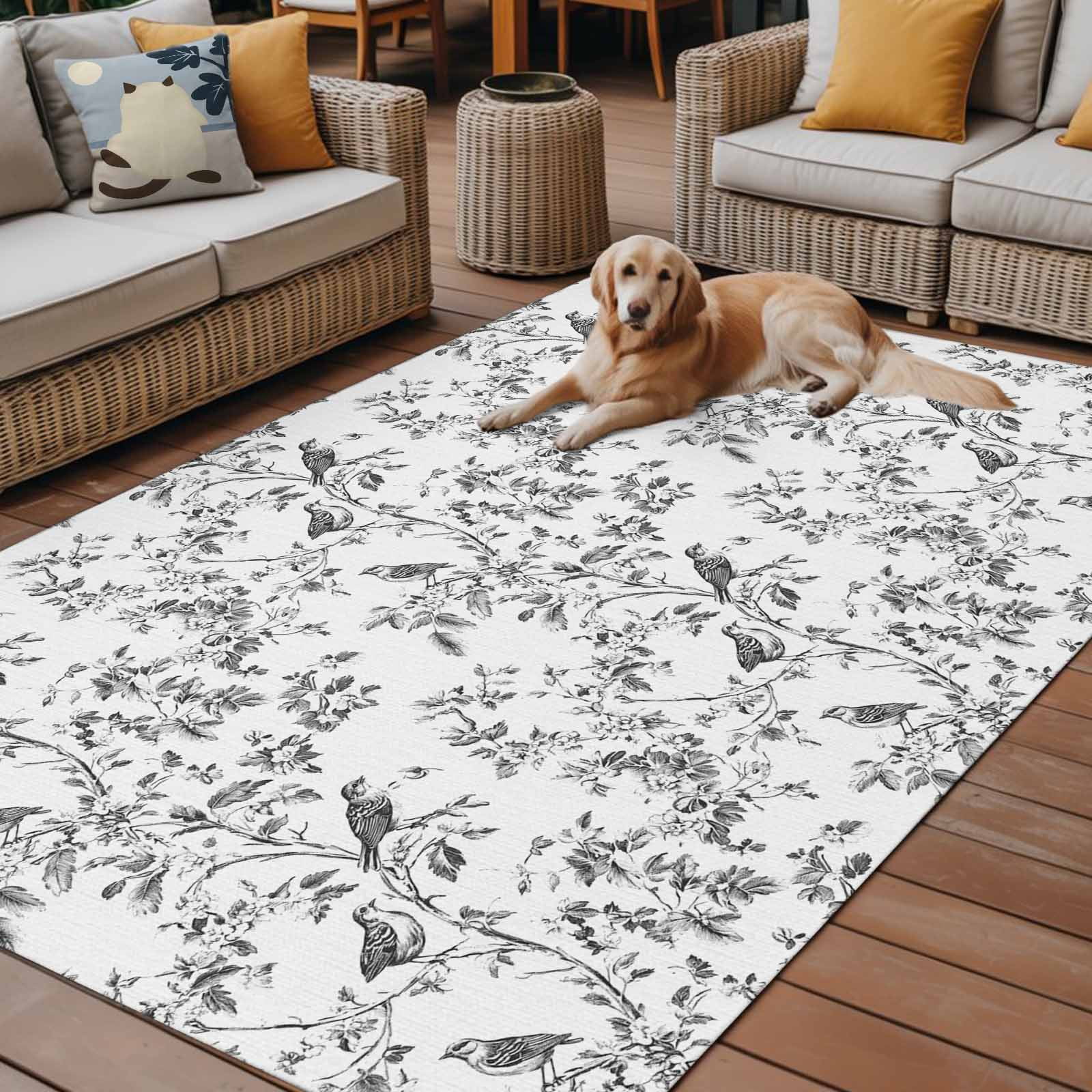 Outdoor Rug 5x8ft Flower Plant Large Area Rug Floral Birds Indoor Outdoor Carpet Outdoor Rugs Mats for Patio Camping,RV,Front Door, Outside Decor