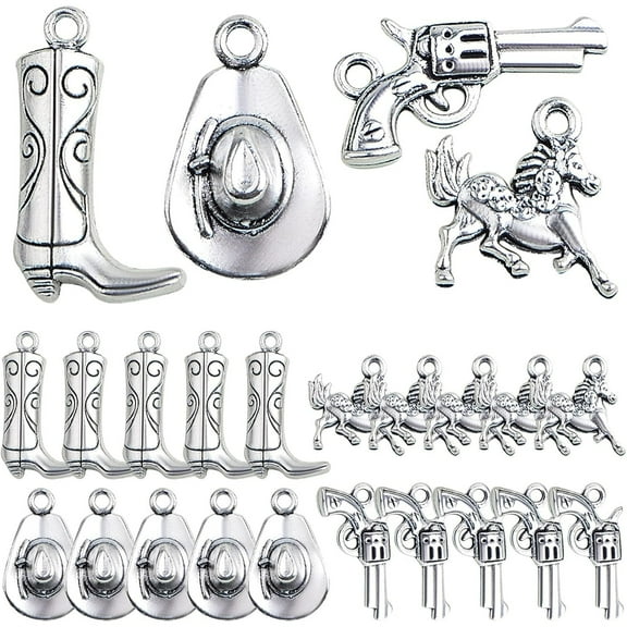80pcs Antique Silver Western Cowboy Theme Charms Vintage Alloy Mixed Western Horse Boot Gun Pendants Charms for DIY Bracelet Necklace Earrings Jewelry Making, 4 Styles