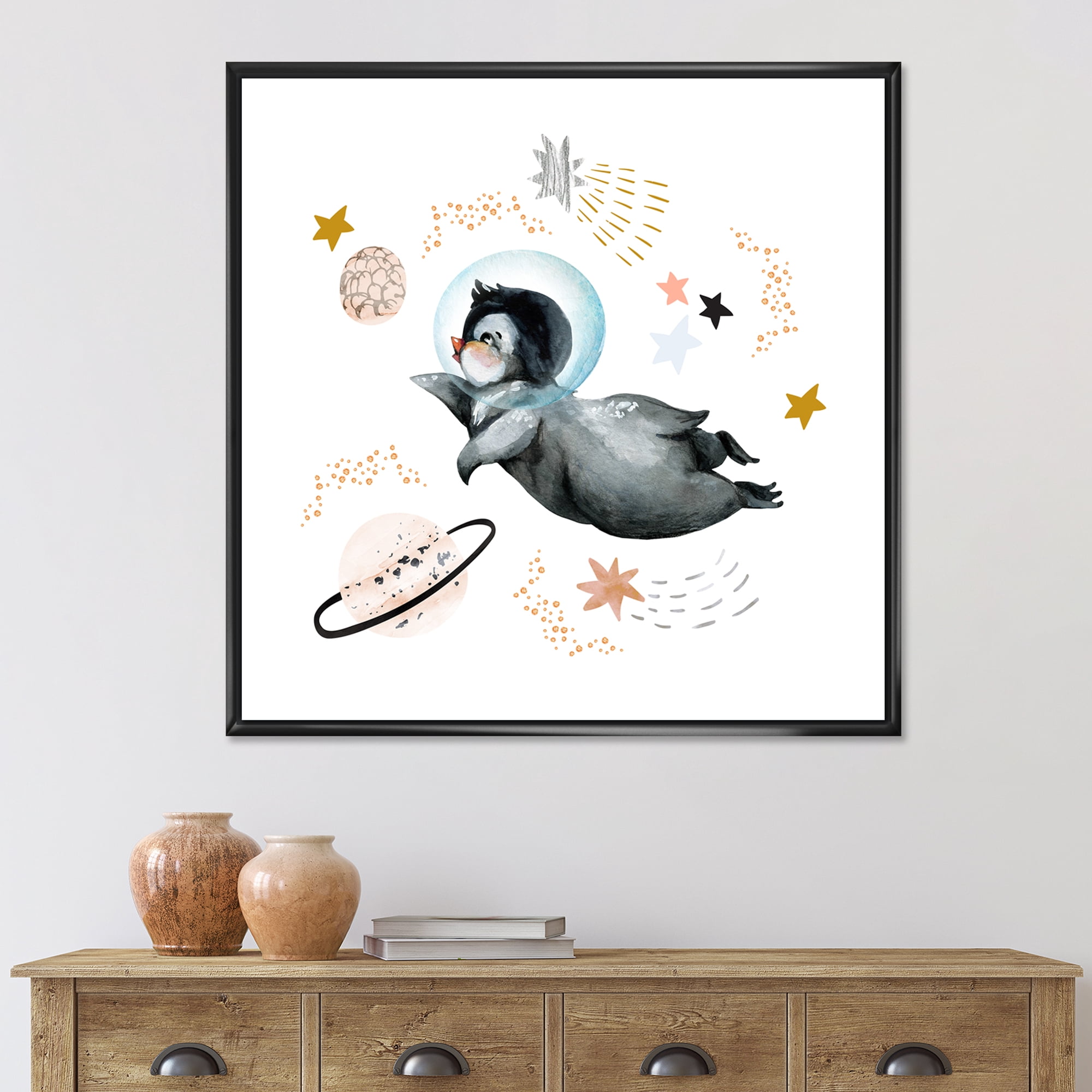 Designart 'Little Penguin Flying Planets and Stars II' Farmhouse Framed Canvas Wall Art Print