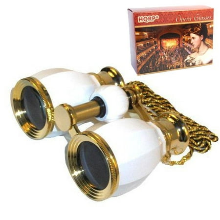 4 x 30 Opera Glasses Binocular Antique Style White Pearl and Gold Trim w/ Necklace Chain 4x Extra High Magnification with Crystal Clear Optic