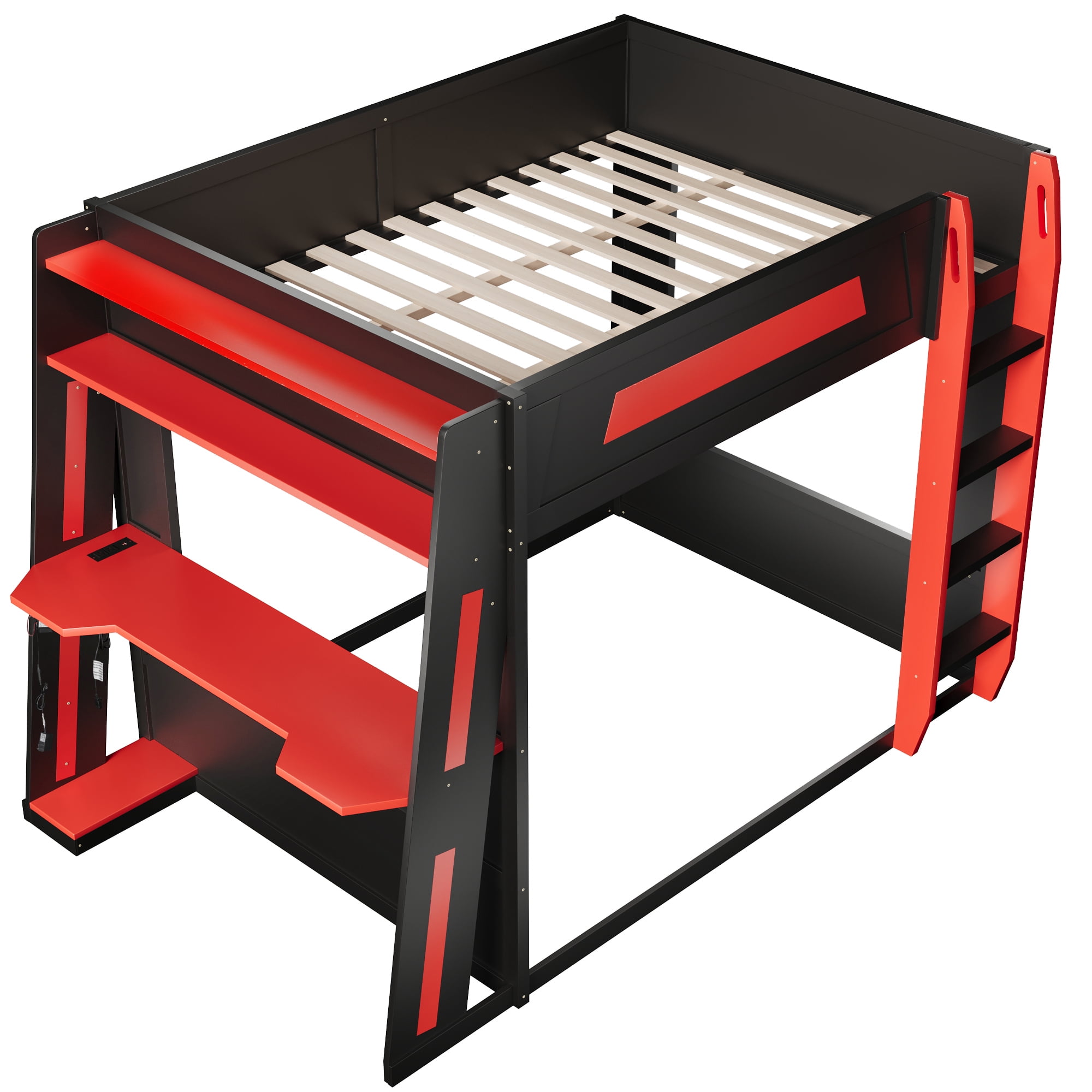 Euroco Queen Size Bunk Bed with Desk and Shelves, Gaming Bed with LED Light and USB Charging, Black & Red