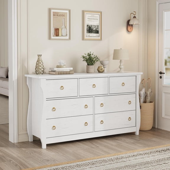 White 7 Drawer Dresser with Curved Legs and Rattan Accents Freestanding Storage Cabinet for Bedroom Living Room Entryway or Balcony White