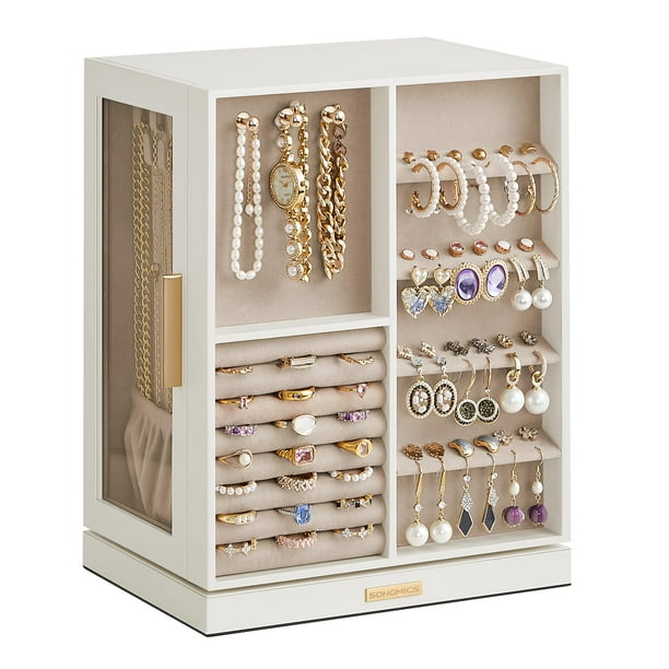 SONGMICS Joyero Giratorio de 360°, Estuche de Almacenamiento de Joyas con 5 Cajones, Organizador de Joyas, Ventana de Vidrio, Espacioso, Almacenamiento de Joyas Vertical, Diseño Abierto, Gran Regalo,