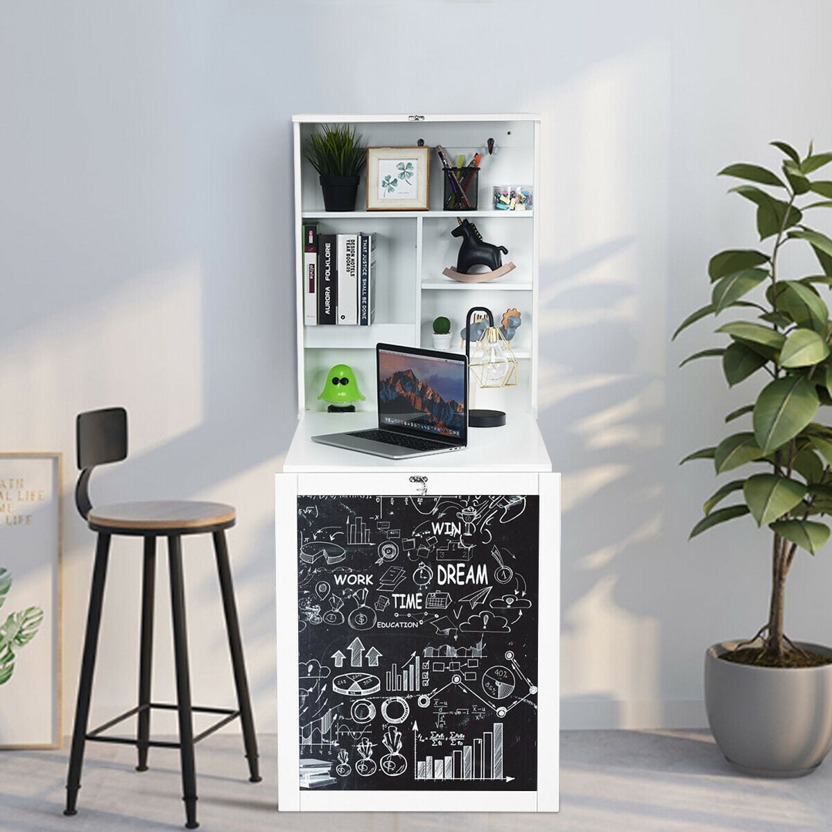 Gymax Wall Mounted Table Fold Out Convertible Desk with A Blackboard/Chalkboard White