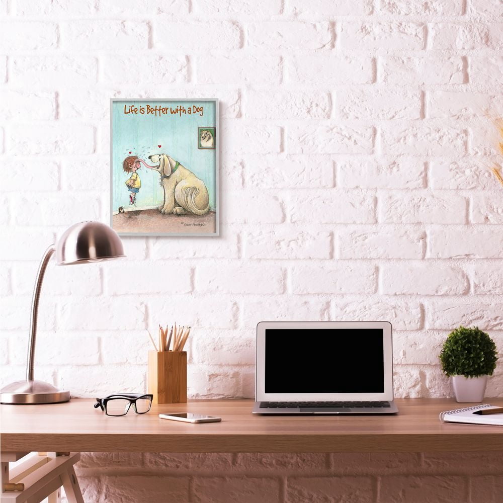 Life Is Better With A Dog Funny Pet Cartoon Design Gray Farmhouse Rustic Oversized Framed Giclee Texturized Art by Gary Patterson