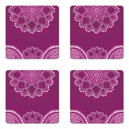 

Ethnic Coaster Set of 4 Eastern Design Flourishing Floral Motifs with Dots Graphic Square Hardboard Gloss Coasters Standard Size Dark Magenta Eggplant by Ambesonne