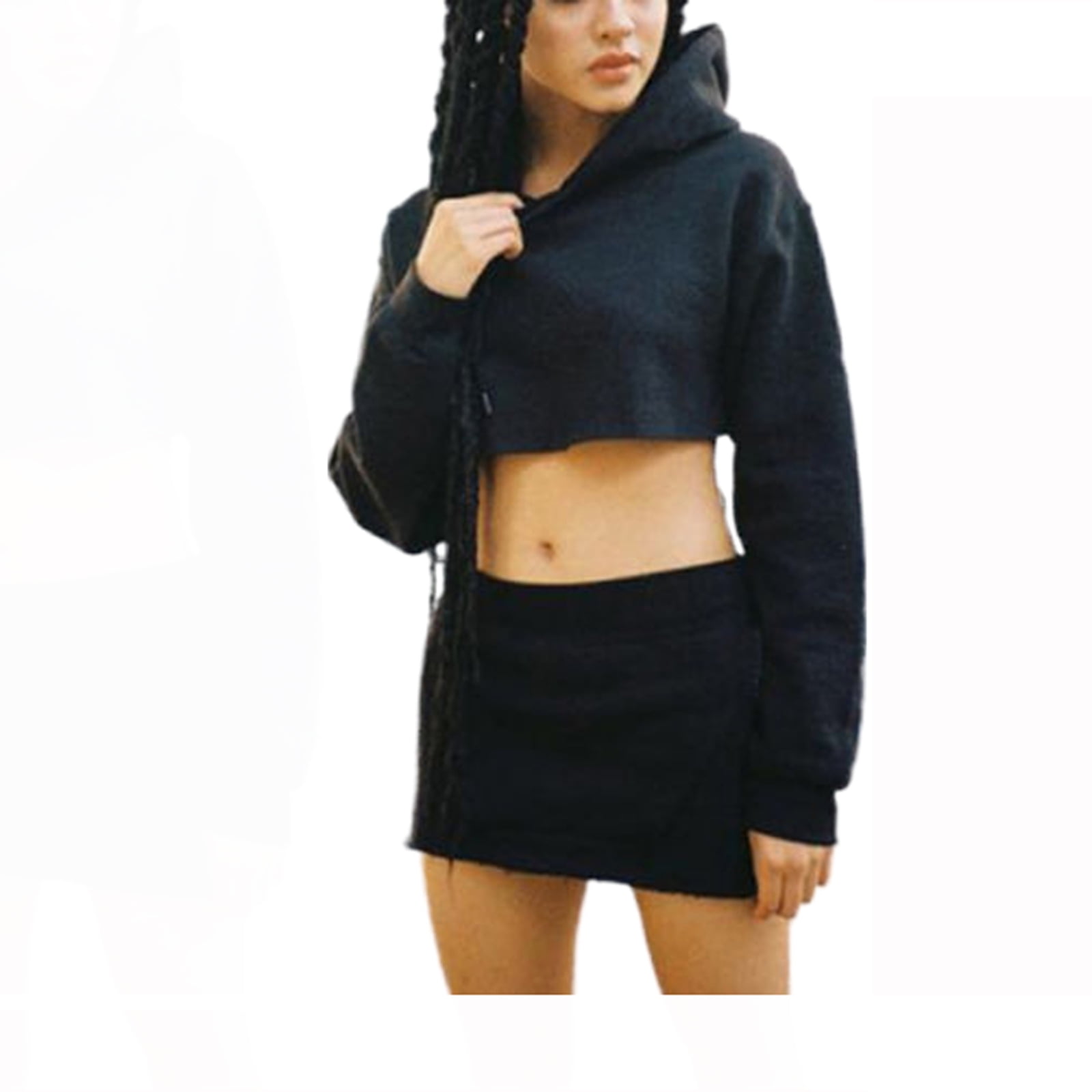 Women 2PCS Skirt Set Straps Hoodie Crop 