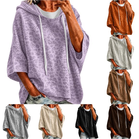 Xijirk Women Pullover Hoodie with Leopard Print Drawstring Hood 3/4 Sleeve Kangaroo Pockets Loose Cropped Fit Sweatshirt for Casual Daily Street Loungewear Outfit,Purple,XL