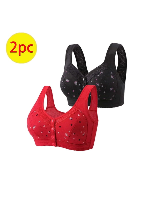 Riecok Womens Bra Wirefree Push Up Daily Bralette Breathable Wide Strap Basic Bra Plus Size Spaghetti Straps Basic Bralette 2XL Red 2PC