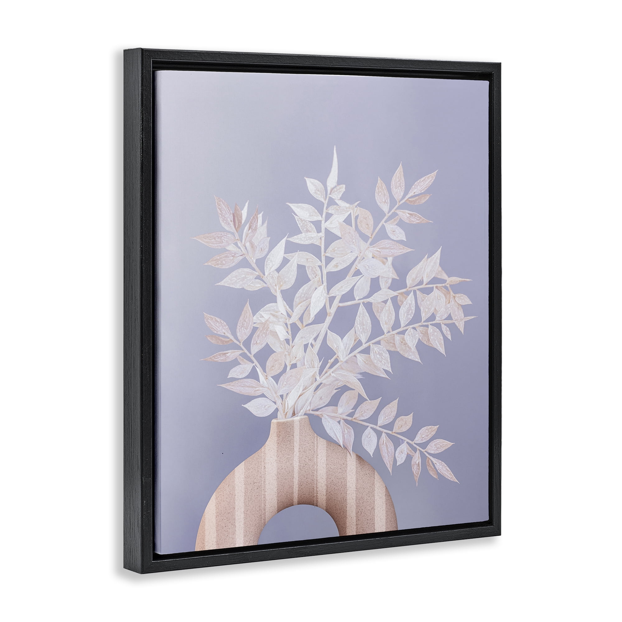 Stupell Industries Ruscus Plant Circular Vase Plants & Flowers Painting Black Floater Framed Canvas Art Print Wall Art, 17 x 21