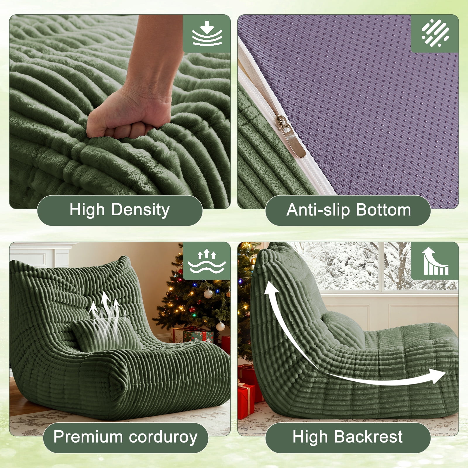 Bean Bag Chair for Adults with Lumbar support pillow Memory Foam Giant Bean Bag Sofa with Corduroy Material Lazy Sofa for Living Room Bedroom Dorm Office, Green