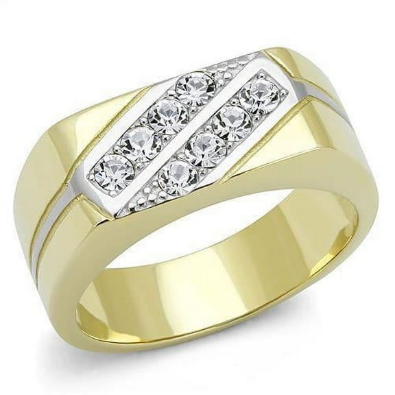 Mens Ring Gold Silver Two Tone Stainless Steel Ring with Top Grade Crystal in Clear