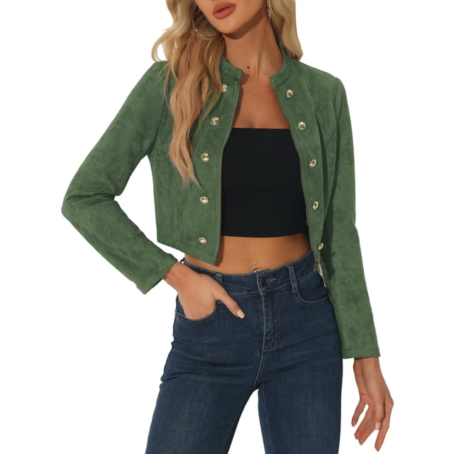 INSPIRE CHIC Veste Courte en Faux Suède pour Femme à Double Boutonnage, Col Montant, Fermeture Éclair, Manches Longues, Manteau, L Vert