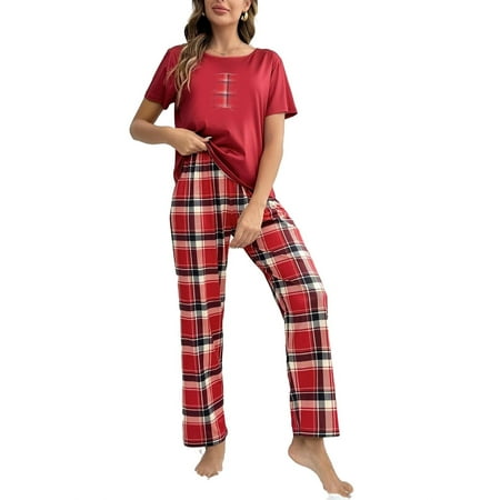 

Casual Plaid Print Round Neck Pant Sets Short Sleeve Burgundy Women Pajama Sets (Women s)