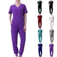 thumbnail image 3 of V Neck Scrubs Sets for Women Short Sleeve Tops and High Waist Jogger Scrub Pants Solid Casual 2 Piece Workwear Uniform Scrubs Army Green,XL, 3 of 5