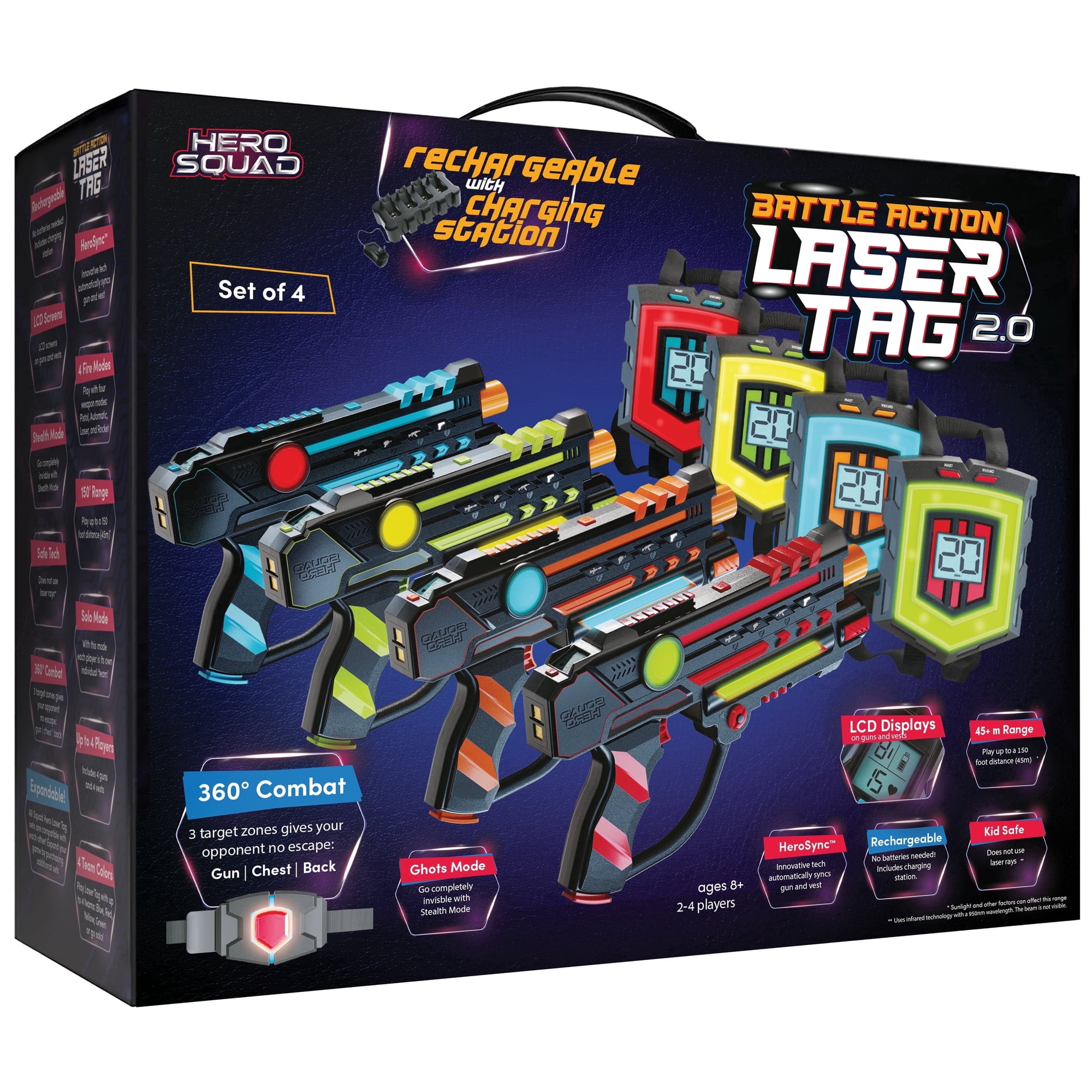 Hero Squad Laser Tag Set of 4 – Rechargeable Blasters with LCD & 360° Sensors – Fun for Kids, Teens & Adults