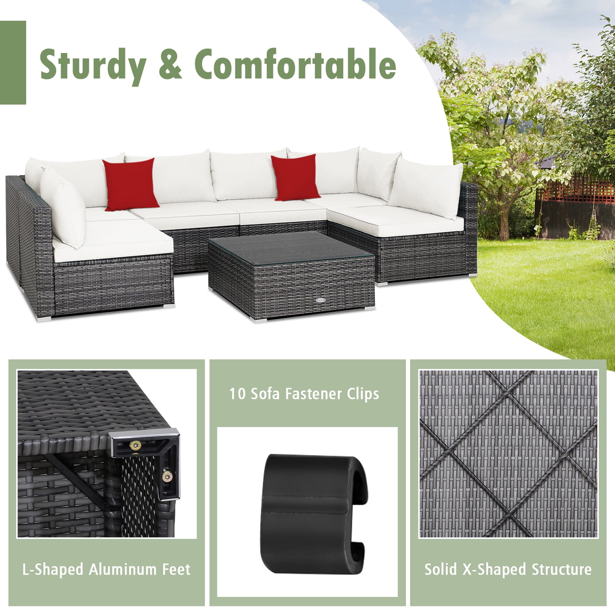 Gymax 7PCS Patio Rattan Sectional Sofa Set Outdoor Furniture Set w/ Off White Cushions
