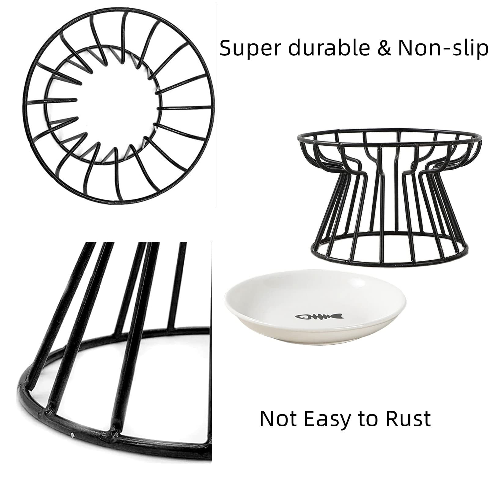 Whisker-Friendly Cat Plate, Elevated Bowl-Raised Bowl with Metal Stand, Food & Water Anti Vomiting Shallow Ceramic Dish for Cat and Small Dogs